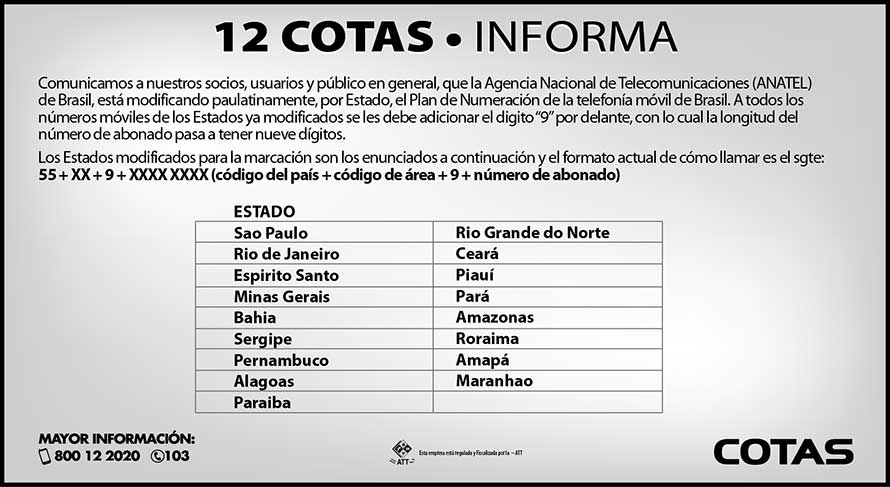 CAMBIO DE NUMERACIÓN BRASIL