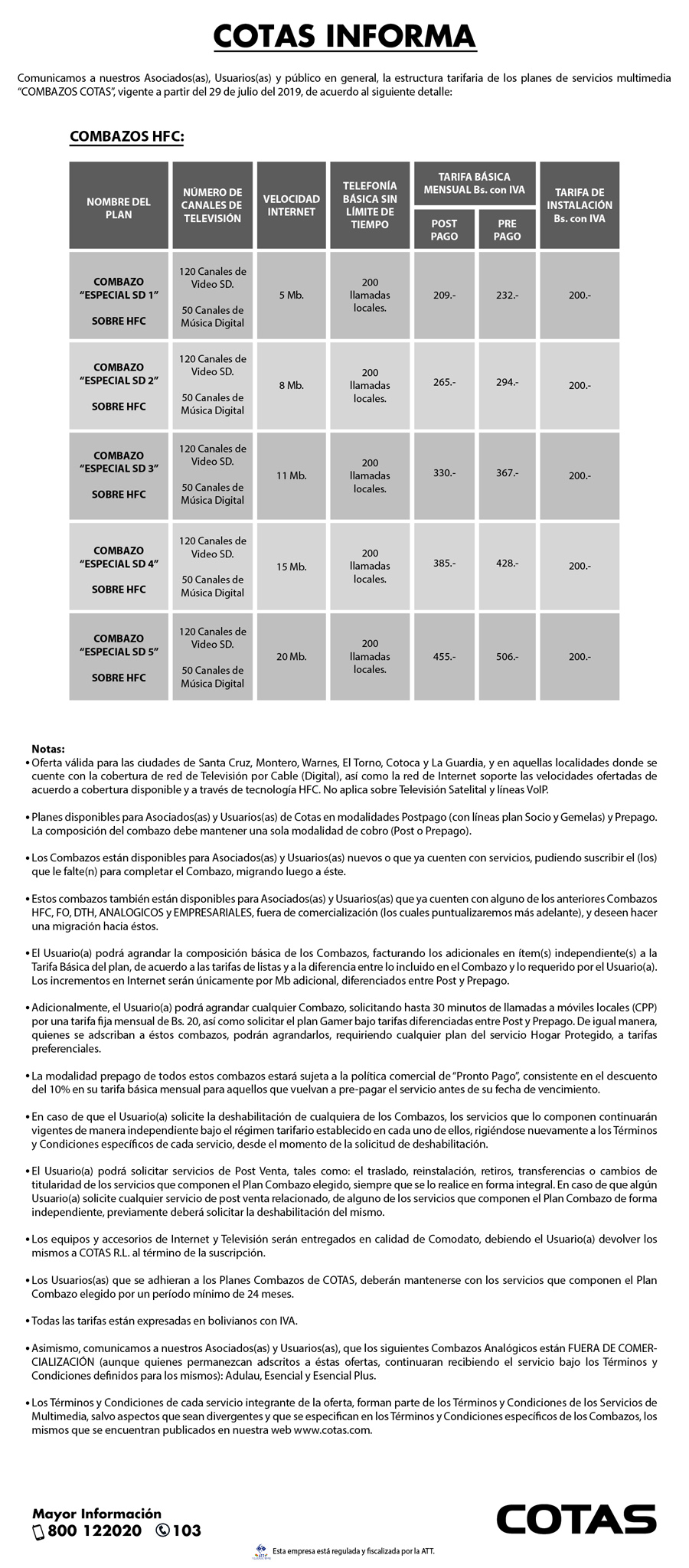 COMUNICADO COTAS Nuevos Combazos 29-julio-2019